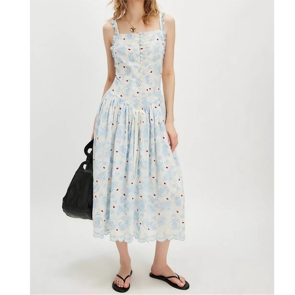 NWT FOR LOVE AND LEMONS LIVIA WHITE MIDI DRESS WITH BLUE & RED EMBROIDERED